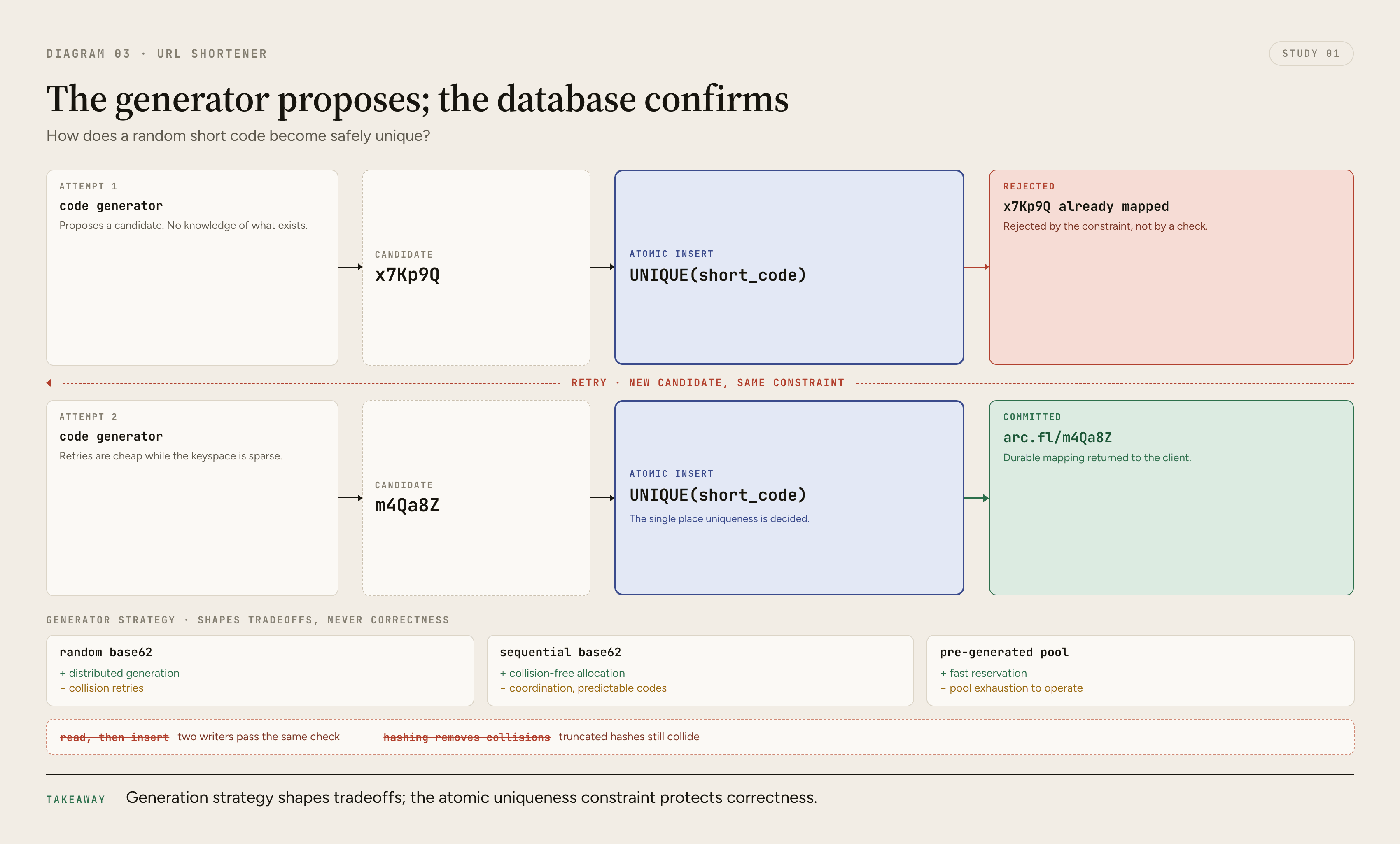 A short-code generator proposes a candidate, the database unique constraint rejects a collision with an existing code, and the API retries with a new candidate until the database accepts exactly one mapping