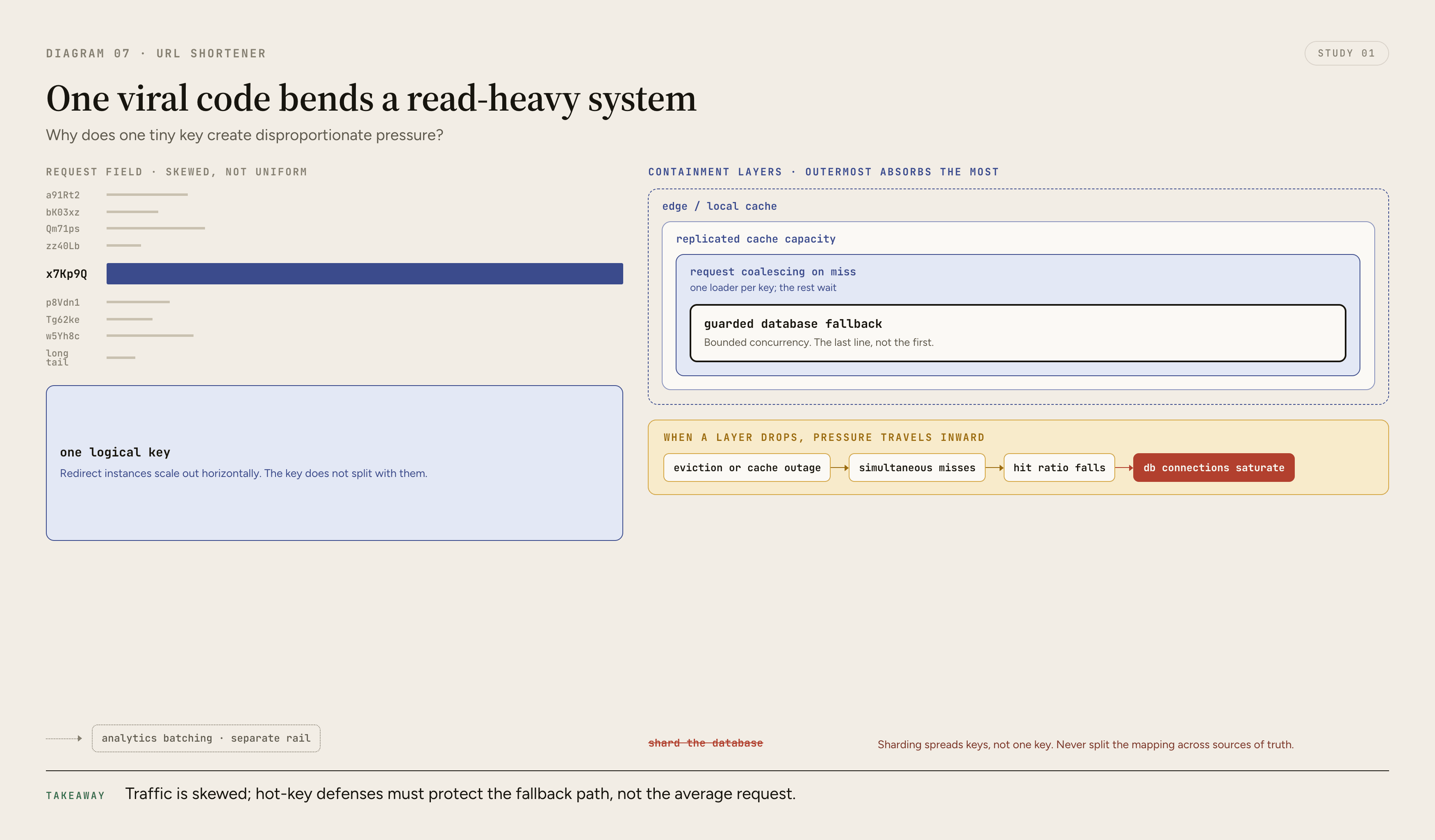 A large traffic surge for one viral short code converges on a single hot cache key, then shows how misses or cache failure can amplify pressure onto the database fallback path