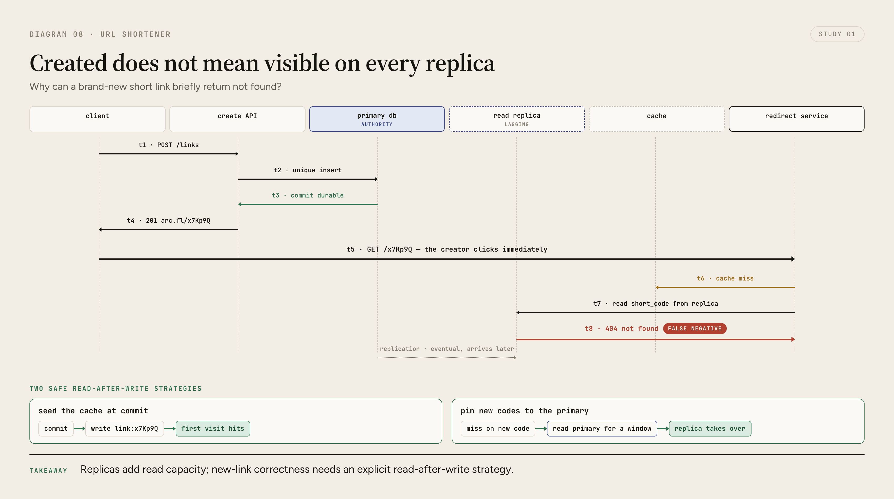 A time-sequenced race shows a new short link committed on the primary, an immediate redirect reaching a lagging replica before replication arrives, and targeted cache seeding or a primary read preserving read-after-write behavior
