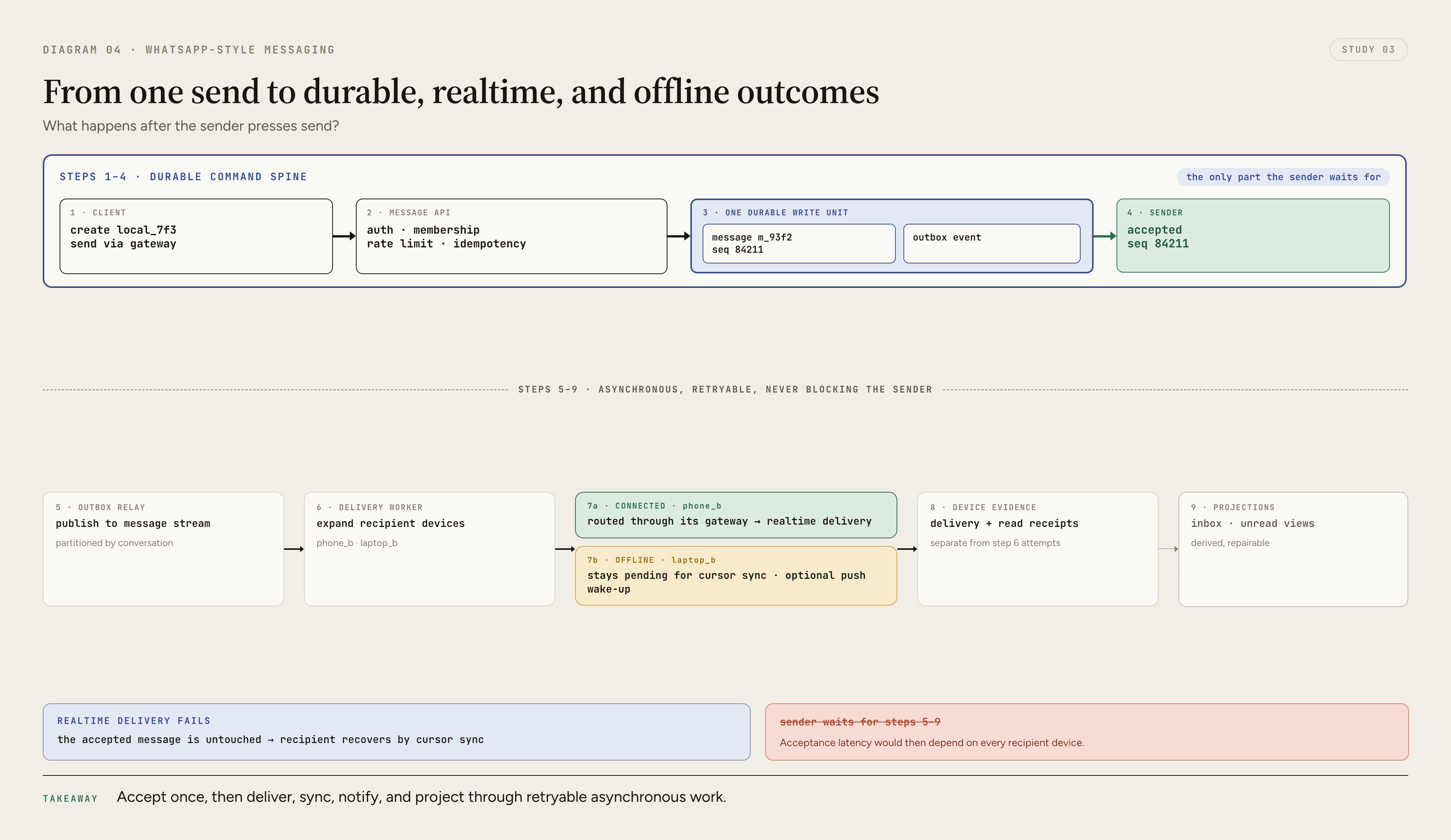 A one-to-one message lifecycle follows the sender through a realtime gateway into the idempotent durable write path, crosses an asynchronous event boundary, routes to online or offline recipient devices, and returns delivery and read receipts as derived state