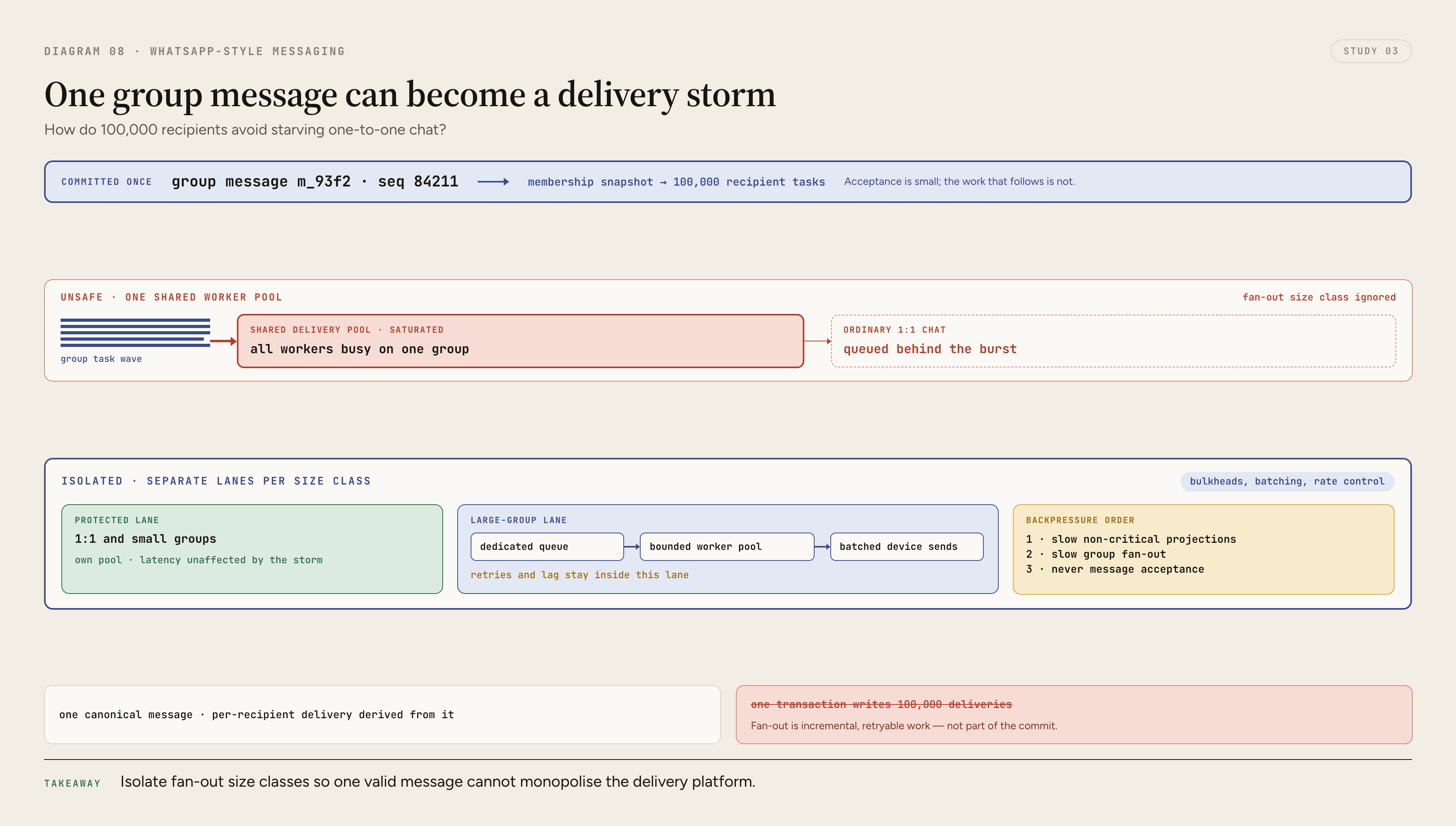 One large-group message fans out into a massive recipient workload isolated in a separate queue and worker pool, while ordinary one-to-one messages continue through their own protected delivery lane