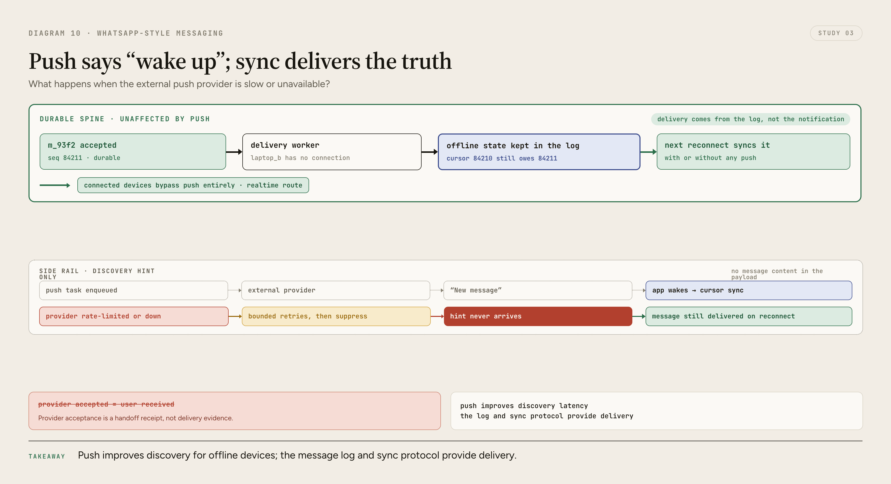 After durable message acceptance, an asynchronous push task sends a privacy-preserving notification hint through an external provider; opening the app then causes the device to sync authoritative message history from the server